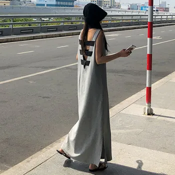 Korėjos Palaidų montavimo Didelio Dydžio Moteriška Suknelė be Rankovių Šakės Apačioje Sijonas Bf Atsitiktinis Per Sijonas Studentų Dirželis Suknelė