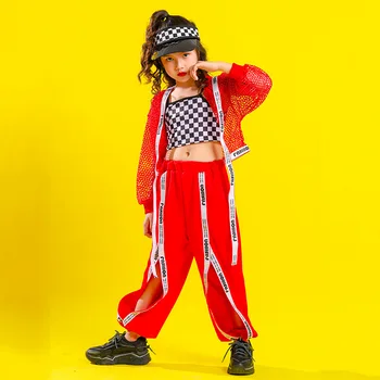 Korėjos Stiliaus Raudona Hiphop Kostiumai Vaikų Mergaičių Hip-Hop Drabužiai Vaikams Džiazo Šokio Kostiumai Etape Apranga Streetwear už Koncertą Rodyti