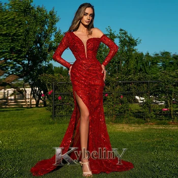 Kybeliny Raudona Subtilus Vakarinę Suknelę Blizgančiais Pusėje Ritininės Ilgomis Rankovėmis Moterims Undinė Prom Chalatai Vestido De Fiesta Pritaikyti