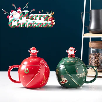 Kūrybos Kalėdų Taurė Cartoon Keramikos Puodelis Su Dangteliu Šaukštas Didelės Talpos Pora Kavos Puodelį Dovanų Taurė
