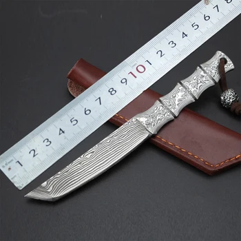 Lauko Peilis nešiojamų kempingas mažas tiesus peilis integruotos plieno Damaskas tiesiai peilis Samurajus adata surinkimo peilis