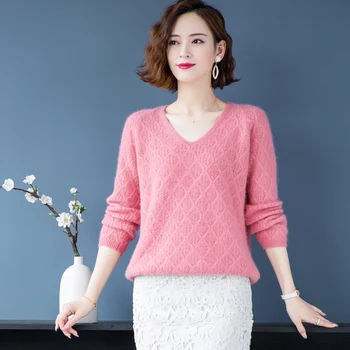 Megztiniai megztinis moterims, pavasarį ir rudenį naujos audinės megztinis v-kaklo, megzti megztinis vientisų spalvų atsitiktinis dugno marškinėliai prarasti viršų