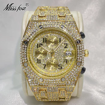 MISSFOX Prabanga Aukso laikrodis Vyrams Visa Lediniame Iš Deimantų Chron Laikrodis Mados Hip-Hop Vandeniui Kvarciniai Laikrodžiai Replika Reloj