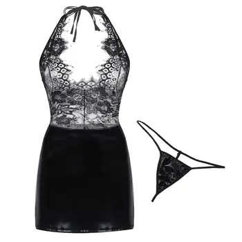 Moteriški Mini Klubas Suknelė Matyti Per Nėrinių Lingerie Set Back Atidarymo Odinis Sijonas Bodycon Suknelės su G-String Kelnaitės Trumpikės