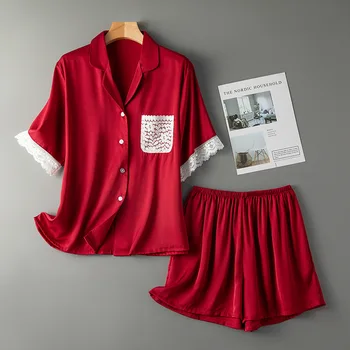 Moterų Nėriniai Miego Rinkinys Su Kišenėje Laisvalaikio formos dugną-žemyn Pižamos Burgundy Lace Pižama Tiktų Vasaros Naujus Satino Loungerwear naktiniai drabužiai
