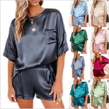 moterų pižama housewear Pižama Nustatyti naują vientisos spalvos imitacija šilko pižama, laisvalaikio drabužiai trumpas rankovės šortų kišenėje Dviejų vienetų