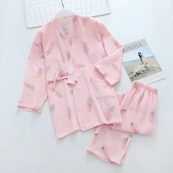 Naujas Kimono Pižama Moterų Rudenį Medvilnės Krepo Septynių taškų Rankovėmis Pajama Komplektai Moterų Pijama Seksualus Drabužiai Plius Dydis Sleepwear