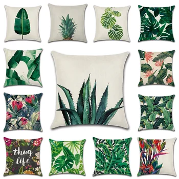 Naujas tropinių miškų augalų žalia lapų spausdinimo lininė pagalvėlė padengti užvalkalas automobilių pagalvėlė sofos užvalkalas