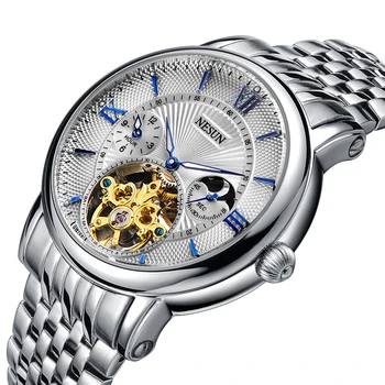 Naujas Šveicarija NESUN Prabangos Prekės Mechaninė Automatinė vyriški Laikrodžiai Sapphire atsparus Vandeniui Skeletas Dual Time Laikrodis Ciferblatas N9091-7
