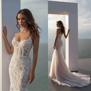 Naujausias Šampano Undinė Vestuvių Suknelė Iki 2022 M. Spagečiai Dirželiai Appliqued Nėrinių Nuotakos Suknelės Boho Vestuvių Suknelės