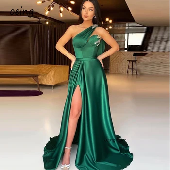 OEING Vieną Petį Emerald Green Satino Linija Ilgai Prom Dresses Kristalų Pusėje Ritininės arabų Moterų Vakare Chalatai Oficialų Renginį Suknelė