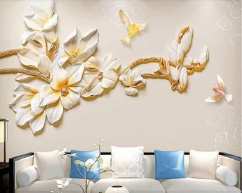 Papel de parede Papuošalai iškilumo Kinų stiliaus magnolija 3d tapetai, freskos, skirtos gyvenamasis kambarys su sofa-lova, TV wall miegamojo, virtuvės kavinė