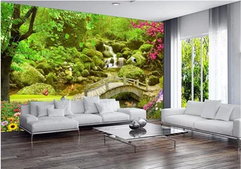 Pasirinktinius nuotraukų freskos 3d tapetai Creek wood bridge gėlės ir medžiai dekoruoti tapyba 3d sienų freskomis tapetai, sienų ir 3 d