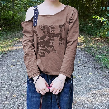 Pavasario Mados Gotikos Spausdinti Akis Nesimetriškas Apykaklės Reguliuojamas Sagties Long Sleeve Tee Marškinėliai T-Shirts Moterų Mergina Atsitiktinis Marškinėlius