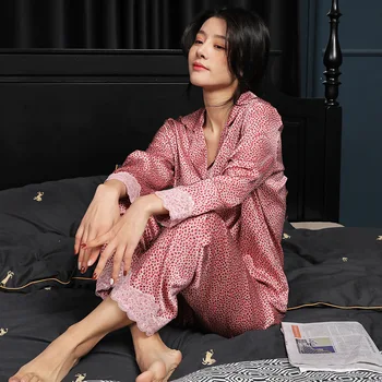 Pink Leopard Print Pižama Nustatyti Moterų Nėriniai Marškiniai&Kelnės Atsitiktinis 2VNT Sleepwear Moterų Pijamas Kostiumas Turn-žemyn Apykaklės, Kelnių Kostiumą