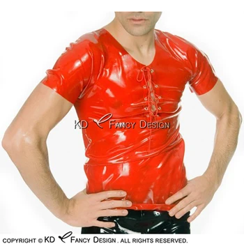 Raudonas Seksualus Latekso Marškinėliai Su Jungiamąją Priekiniai Apvalios Apykaklės Gumos Viršuje Palaidinė YF-0085