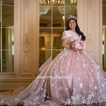 Rožinė 3D Gėlės Appliques Nėrinių Princesė Quinceanera Suknelę Kamuolys Suknelė nuo Peties Korsetas Saldus 16 Vestidos De 15 Años