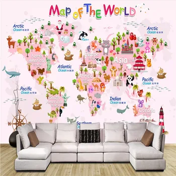 Rožinė Mėlyna Vaikų Kambario Sienos Popieriaus 3D Ranka pieštas Animacinių filmų Gyvūnų Logotipas Architektūros Pasaulio Žemėlapio Fone, Sienų Tapetai, 3D