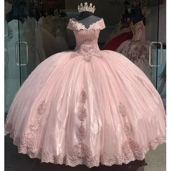 Rožinė Rankovių Appliques Nėrinių Kamuolys Suknelė Quinceanera Suknelę Nuo Peties Saldus 16 Prom Šalis Suknelė Vestidos De Anos 15