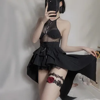 Seksualus Apatinis Trikotažas Akių Viršų Su Karšto Mini Sijonas Kawaii Erotika Gothic Lolita Japonų Anime Cosplay Kostiumai, Demonas Tamsiai Simbolių Rinkinį