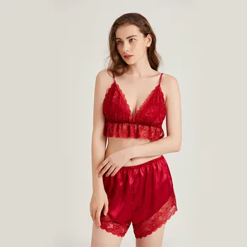Sexy Nėrinių Gėlių Moterims, 2VNT Pižama Rinkiniai Raudona Nuotaka Vestuvių Pižamos Miego Kostiumas Sleepwear naktiniai drabužiai Vasarą Šortai Namų Drabužiai S-XL