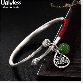 Uglyless 100% Nekilnojamojo Kieta 999 Gryno Sidabro Pakabukai Lotus Bangles Moterų Gamtos Green Jade Kamuolys Atidaryti Bangle Etninės Fine Jewelry