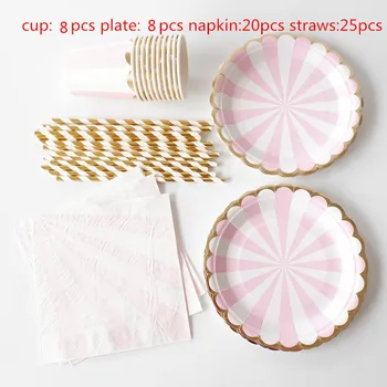 Vajilla desechable de fiesta de cumpleaños de vacaciones de moda de spalva rosa a rayas polka dot papel platonas de papel taza paslaugas