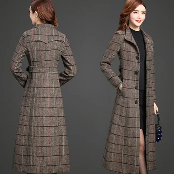 Vilnonis paltas moteriška Rudens-Žiemos Naujas slim Moteriški paltai Stovėti apykaklės ilgai grotelės, Vilnos paltukai Didelio dydžio vidutinio amžiaus moterų drabužiai