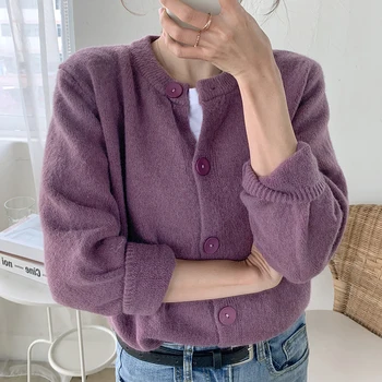 Violetinė Temperamentas susagstomi megztiniai Megztinis O-kaklo, ilgomis rankovėmis Vieną Krūtinėmis Megzti Outwear Vilnos Megztinis Žiemą