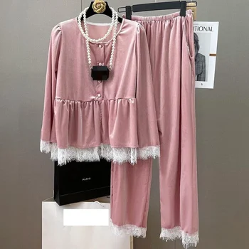 Visą Slydimo Aksomo, Nėrinių Moterų Pižama Sweet Pink Ilgomis Rankovėmis Kelnių Kostiumai Pyjama Pour Femme Rudens Žiemos Laisvalaikio Namuose Drabužiai