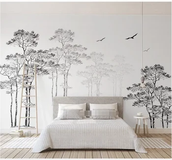 xuesu Paprasta Šiaurės stiliaus juoda ir balta brėžinys abstraktus, medis, paukštis, tapetai, sofa-lova, miegamojo užsakymą freskos 8D atsparus vandeniui sienų medžiaga
