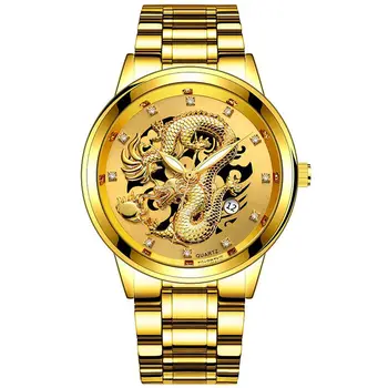 Žiūrėti Vyrams Naujausias Aukso Kinų Drakonas Kalendorius Nerūdijančio Plieno Kvarciniai Laikrodžiai Prabangos Prekės ženklo Verslo vyriški Laikrodžiai